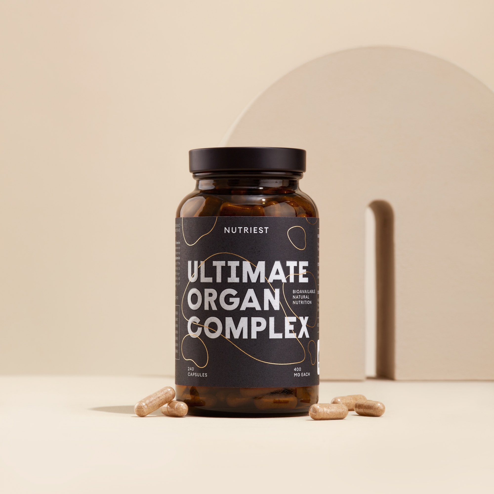 Nutriest Ultimate Organ Complex bottle with capsules, studio