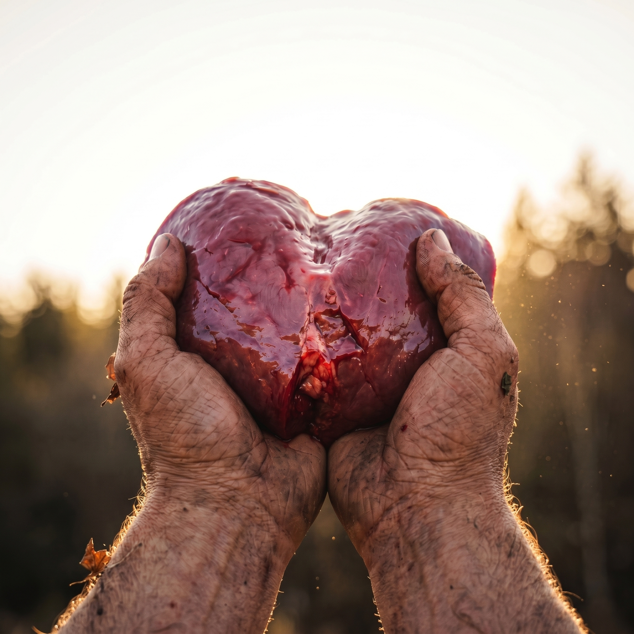 Hands holding raw beef liver raised toward golden sunlight
