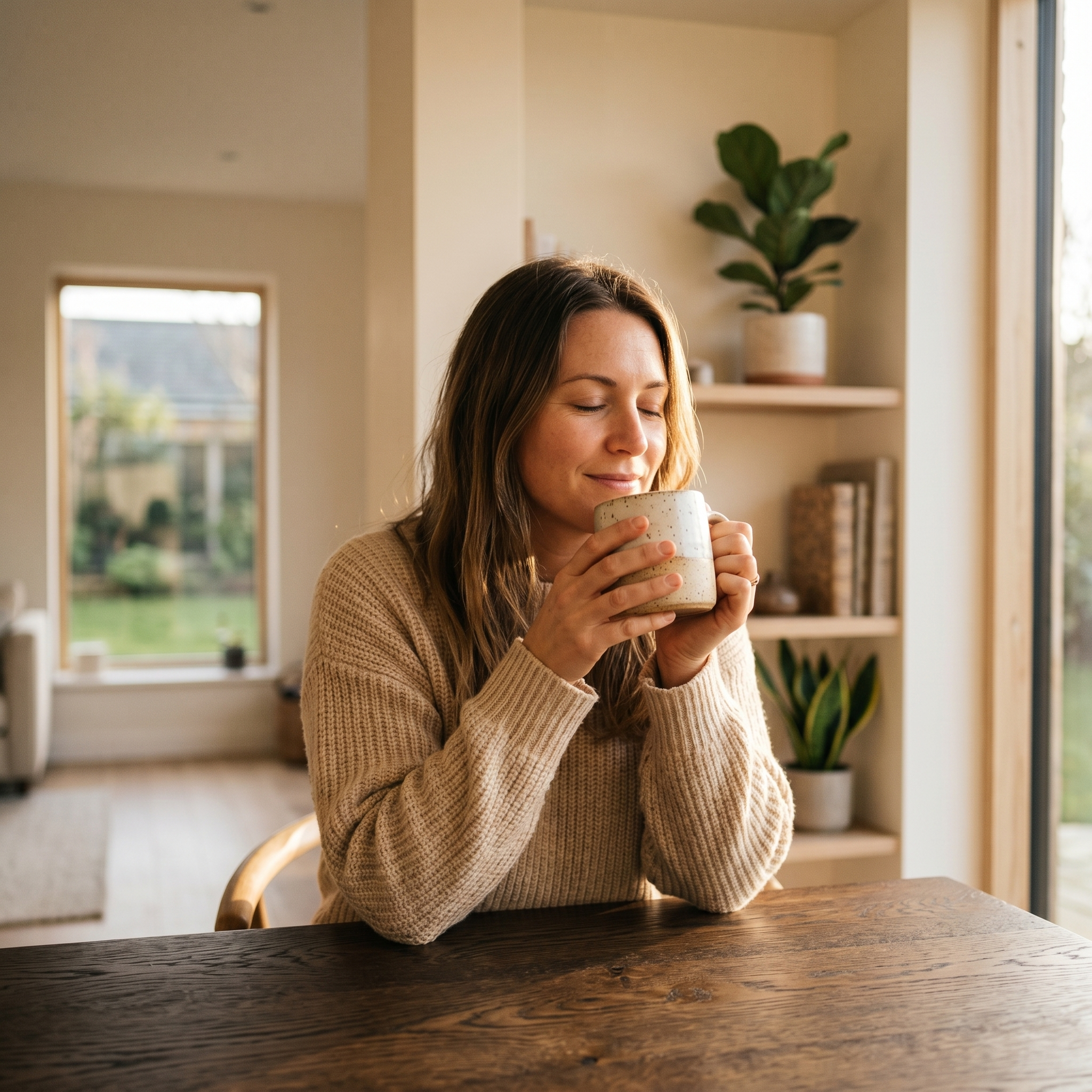 Person with morning drink, calm and focused