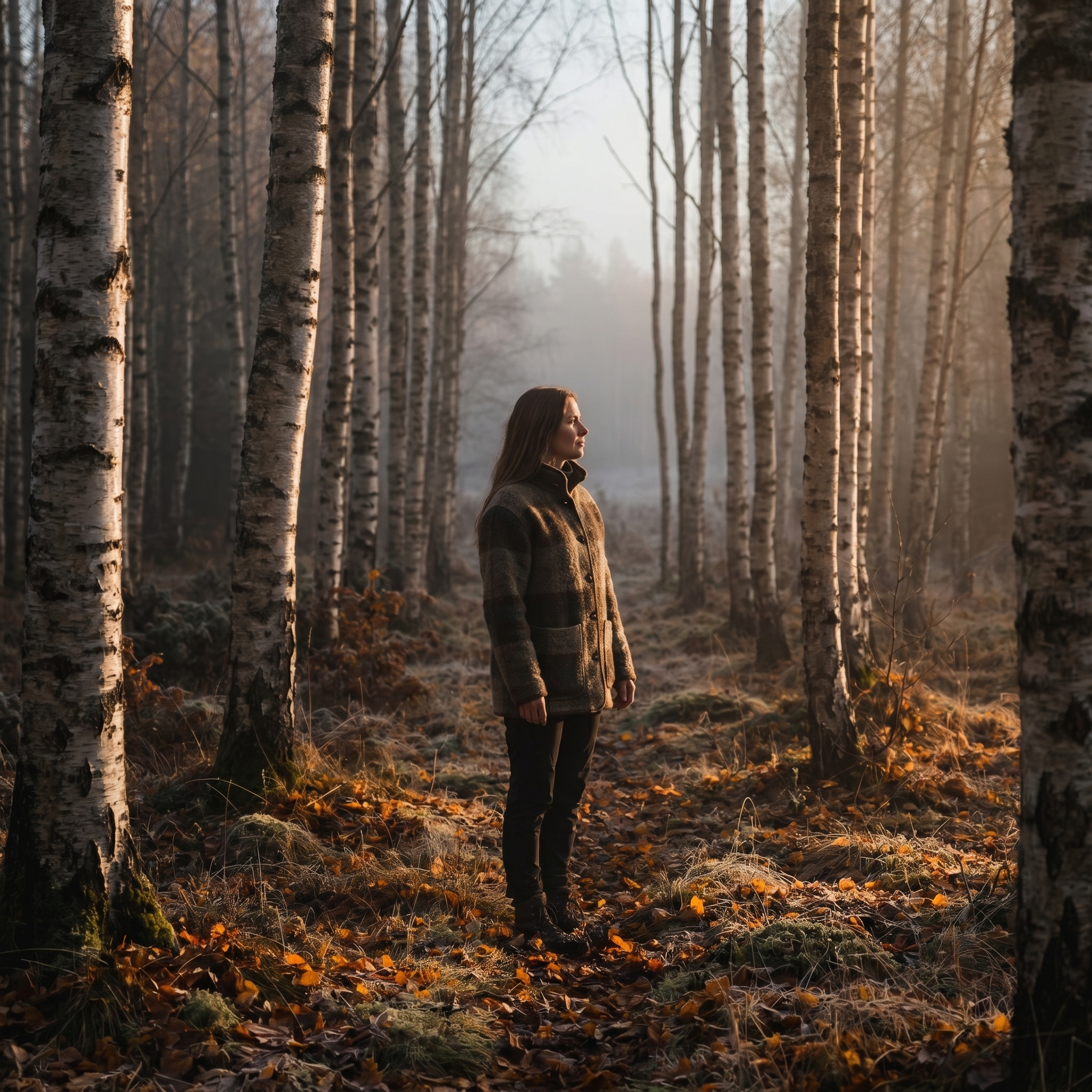 Person standing in Nordic birch forest, resilience mood
